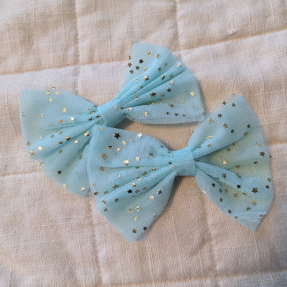 Aqua Sparkle Bow Hair Clips